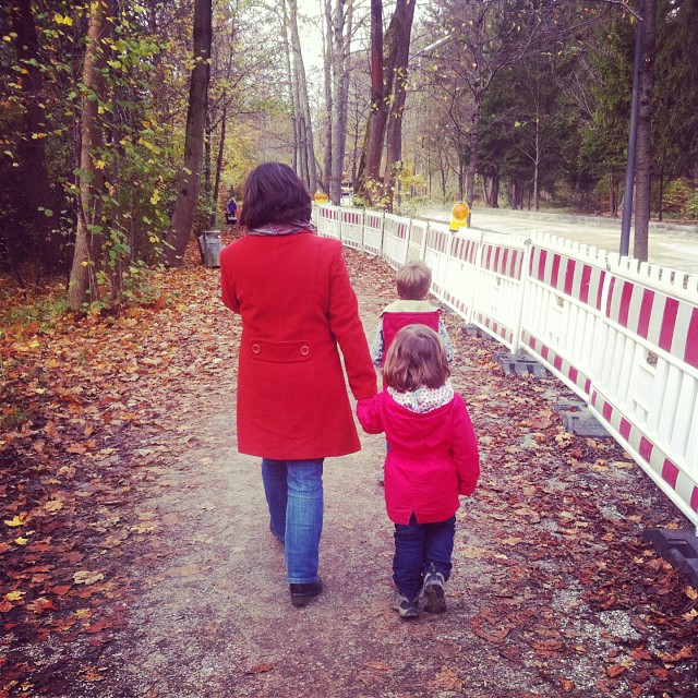 Ladies in red following Marty McFly jr.