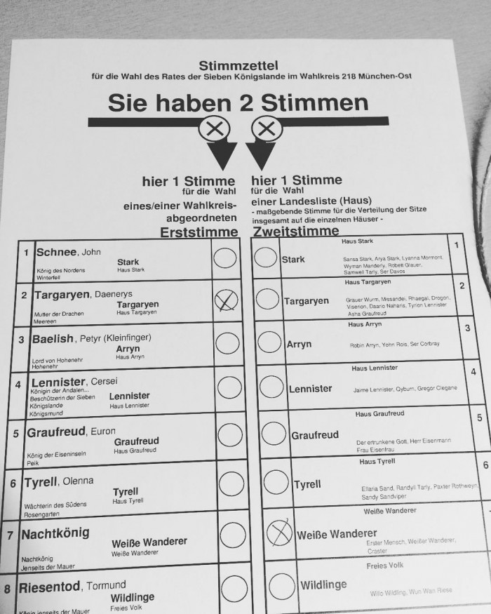 GoT-Wahl in der @muenchner_stadtbibliothek . Erststimme nat&uuml;rlich f&uuml;r die Khaleesi, Zweitstimme f&uuml;r