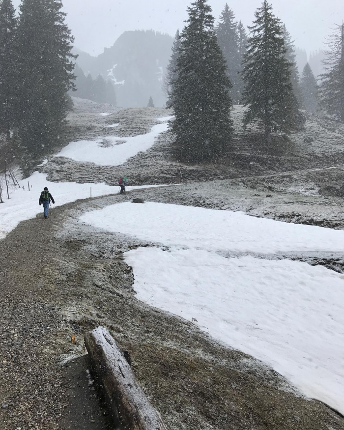 Vom Wanderparkplatz kurz vor Sachrang geht&lsquo;s am Samstag bei Schneefall 700 Meter hoch bis zur Priene